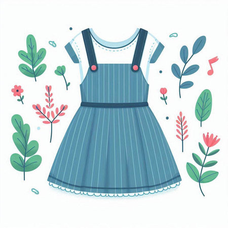 Vector illustration of a blue dress with a pattern and floral elements.のイラスト素材
