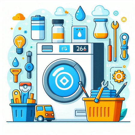 Laundry service concept. Washing machine, basket, tools. Vector illustrationのイラスト素材