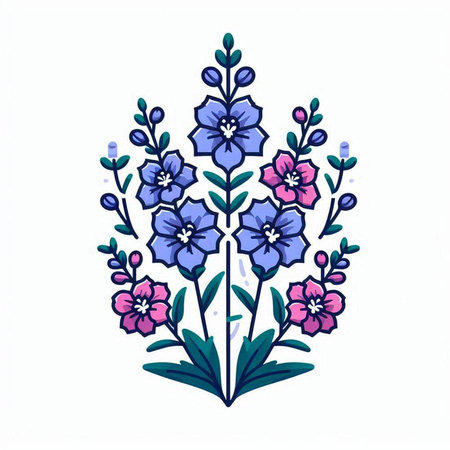 Hand drawn vector illustration of blue and pink flowers on white background.のイラスト素材