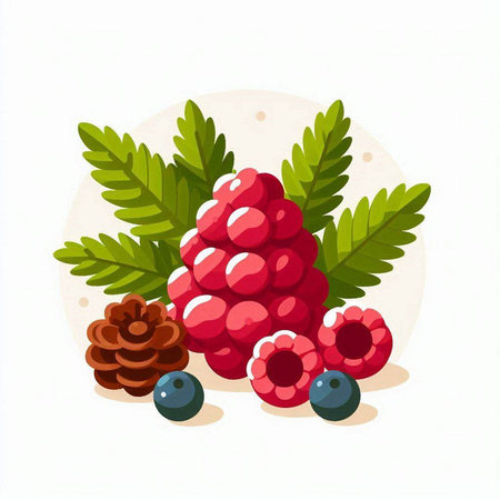 Ripe raspberries, blueberries and pine cones. Vector illustration.のイラスト素材