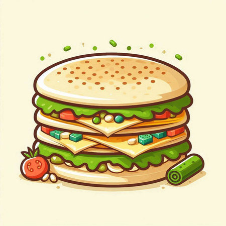 Illustration of a hamburger with vegetables on a white background.のイラスト素材