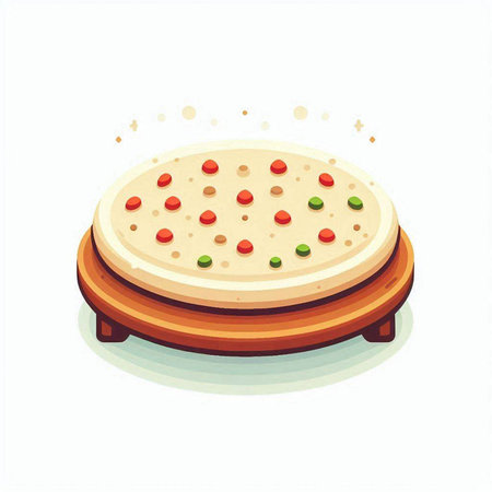 Illustration of pizza on a round wooden stand. Vector illustration.のイラスト素材