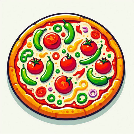 Illustration of pizza with tomato, pepper and cucumber on a white backgroundのイラスト素材