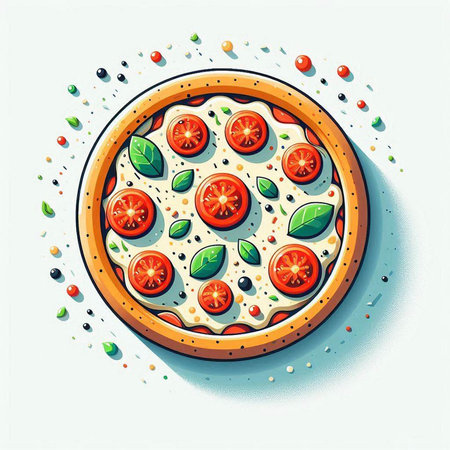 Pizza with tomatoes and mozzarella cheese. Vector illustration.のイラスト素材