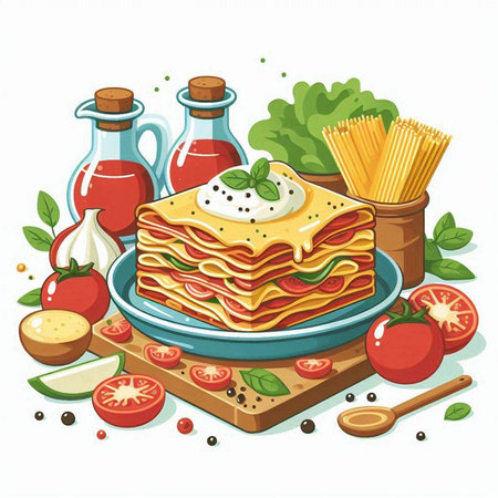 Illustration of lasagna on a plate with ingredients for cooking.のイラスト素材