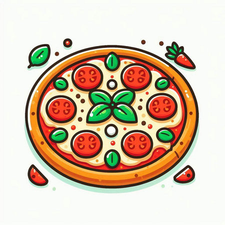 Pizza with mozzarella, tomato and basil. Vector illustration.のイラスト素材