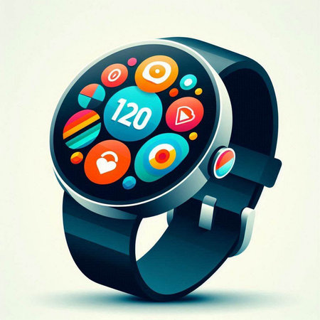 Smart watch with media icons on the screen. 3d illustration.のイラスト素材