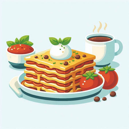 Illustration of a plate with a slice of waffles and a cup of coffeeのイラスト素材