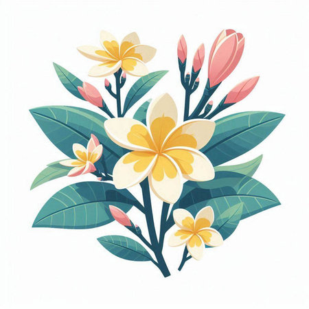 Plumeria flowers with leaves isolated on white background. Vector illustration.のイラスト素材
