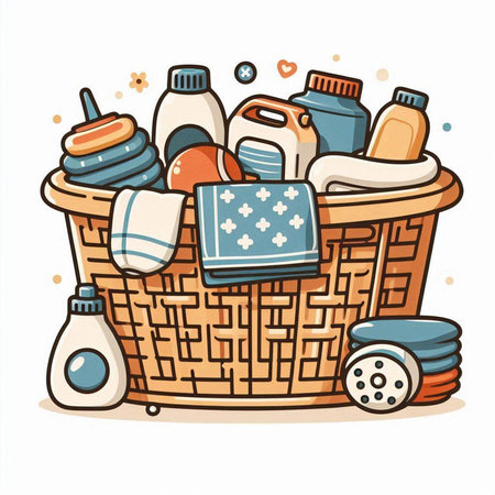 Basket with cleaning products. Vector illustration in doodle style.のイラスト素材
