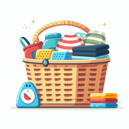 Wicker basket full of clothes. Vector illustration in cartoon style.のイラスト素材