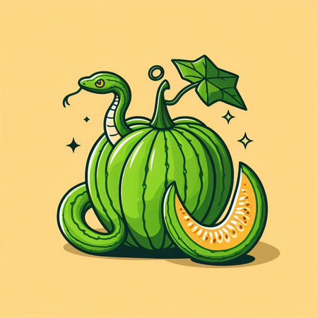Illustration of a green watermelon and a snake on a yellow backgroundのイラスト素材