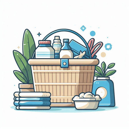 Basket with cleaning products. Vector illustration in doodle style.のイラスト素材
