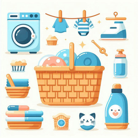 Laundry flat icons set. Wicker basket, washing machine, laundry detergent, soap, towels, washing powder, shampoo, clothespins and other cleaning equipment. Vector illustrationのイラスト素材