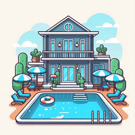 Swimming pool in the hotel. Vector illustration in flat style.のイラスト素材