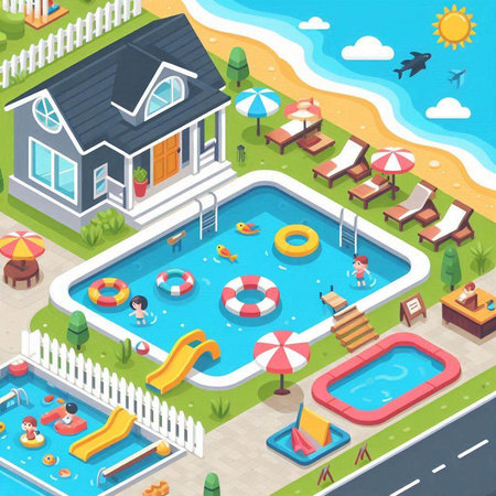 Swimming pool isometric background with children playing in swimming pool vector illustrationのイラスト素材