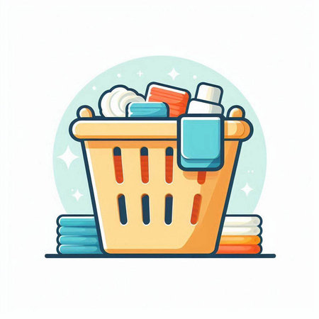 Shopping basket with cleaning products. Vector illustration in flat style.のイラスト素材