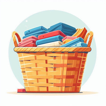 Illustration of a basket full of clothes. Vector illustration in cartoon style.のイラスト素材