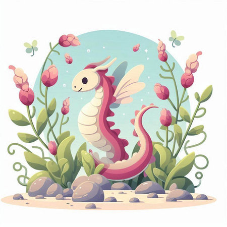 Cute cartoon dragon with flowers and grass. Vector illustration in a flat style.のイラスト素材