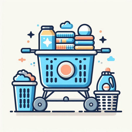 Shopping cart filled with products. Vector illustration in thin line style.のイラスト素材