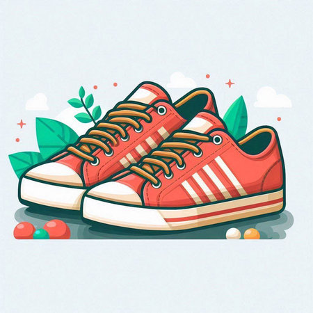 Vector illustration of red sneakers on the background of leaves and berries.のイラスト素材