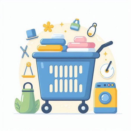 Shopping basket with detergents and washing machine. Vector illustrationのイラスト素材