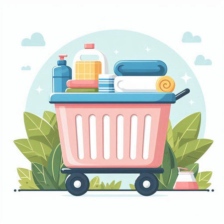 Shopping cart with cleaning products and accessories. Vector illustration in flat styleのイラスト素材