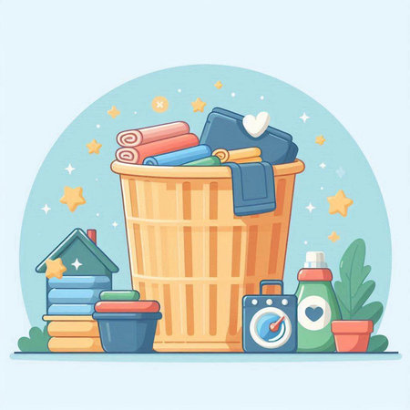 Illustration of a trash can with cleaning tools. Vector illustration.のイラスト素材