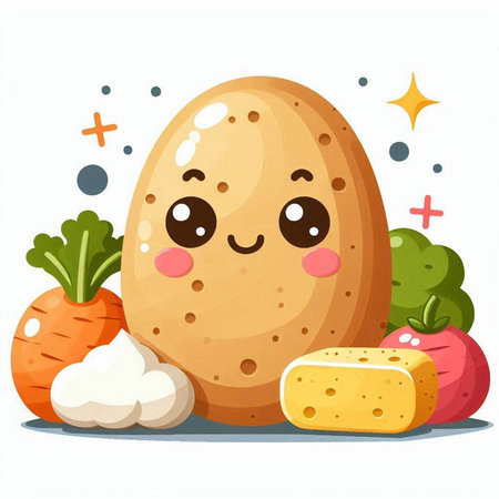 Cute cartoon potato character with vegetables and cheese. Vector illustration.のイラスト素材