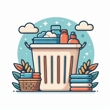 Plastic trash bin with cleaning products. Vector illustration in cartoon style.のイラスト素材