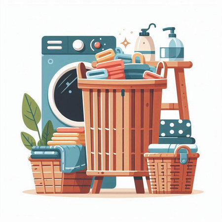 Laundry room flat vector illustration. Laundry basket with towels, washing machine, soap, shampoo, liquid soap and other things. Laundry service concept.のイラスト素材