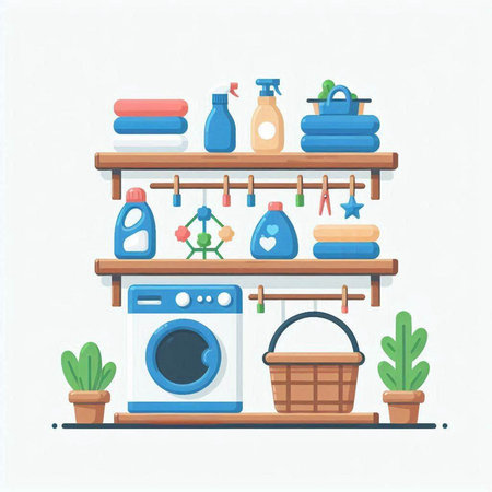 Laundry room vector illustration. Laundry room with washing machine, basket, cleaning products and accessories.のイラスト素材