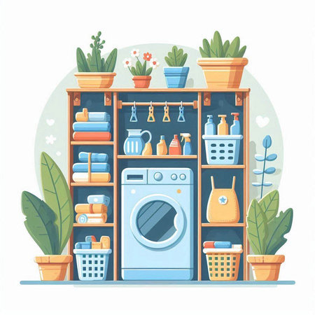 Laundry room interior. Laundry room with washing machine, basket, dryer, baskets, towels, flowers and plants. Flat vector illustrationのイラスト素材
