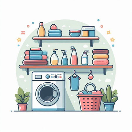 Laundry room interior with washing machine, washing basket, detergent and towels. Flat vector illustration.のイラスト素材