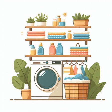 Laundry room. Washing machine, towels, detergents and plants. Vector illustrationのイラスト素材