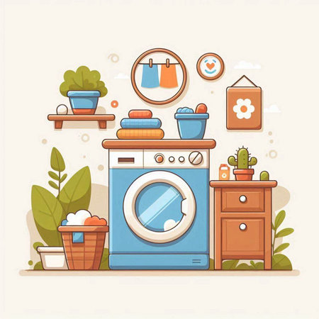 Household appliances. Washing machine, basket with towels, washing powder, shampoo, bathrobe, pot with flowers. Flat vector illustration.のイラスト素材
