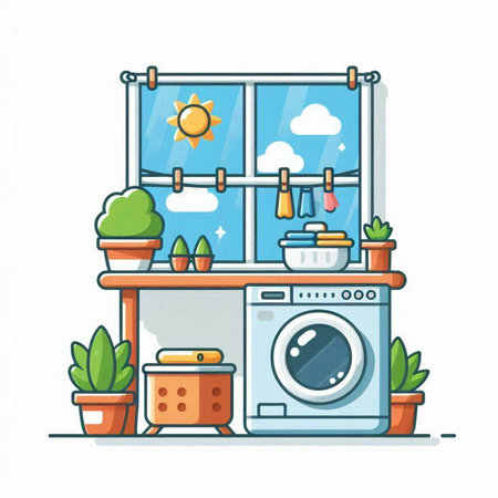 Laundry room with washing machine, window and plants. Vector illustrationのイラスト素材