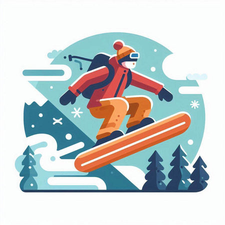Snowboarder skiing in the mountains. Flat style vector illustration.のイラスト素材