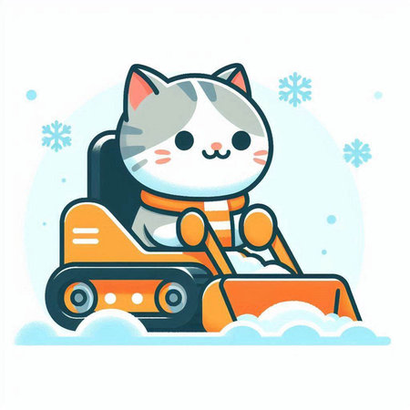 Cute cat playing snowplow in winter season. Vector illustration.のイラスト素材