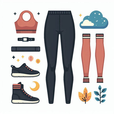 Vector illustration of a set of sport clothes. Sneakers, shorts, t-shirt, jacket, cap, pants, sneakers.のイラスト素材