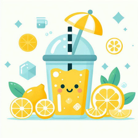 Cute cartoon lemonade with straw and lemon slices. Vector illustration.のイラスト素材