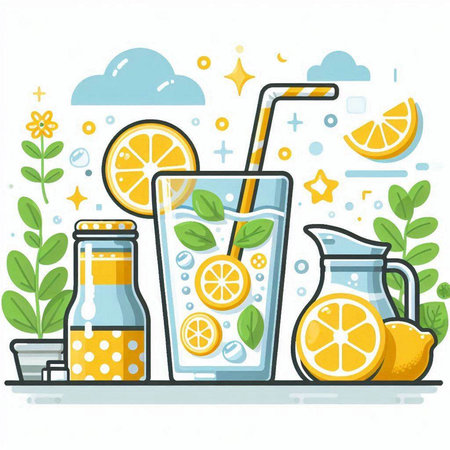 Lemonade with lemon, ice and mint. Vector illustration.のイラスト素材