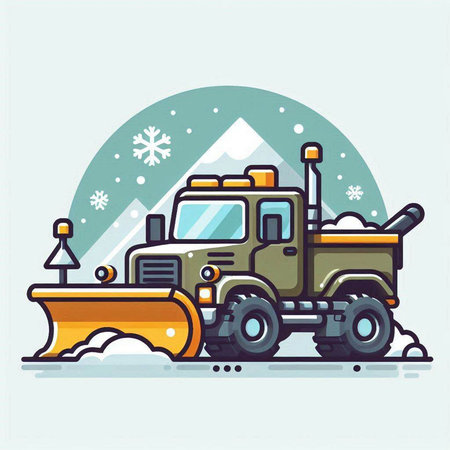 Vector illustration of snowplow with snowflakes in a flat style.のイラスト素材