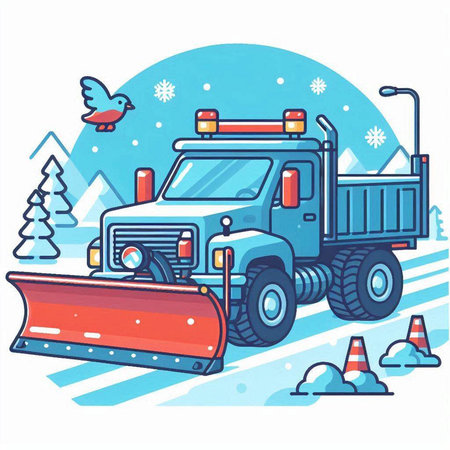 Snowplow truck with snowflakes on the road, vector illustrationのイラスト素材