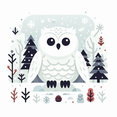 Snowy winter forest with owl. Vector illustration in flat style.のイラスト素材
