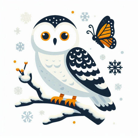 Snowy owl with a butterfly on a branch. Vector illustration.のイラスト素材