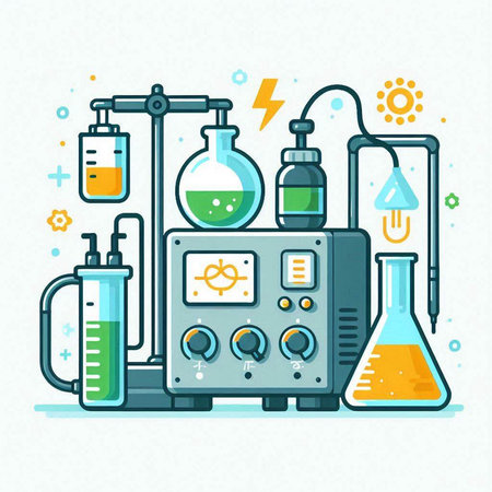 Chemical laboratory equipment. Vector illustration in flat linear style on white background.のイラスト素材