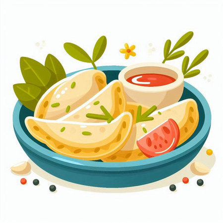 Vector illustration of fried dumplings with tomato sauce and herbs.のイラスト素材