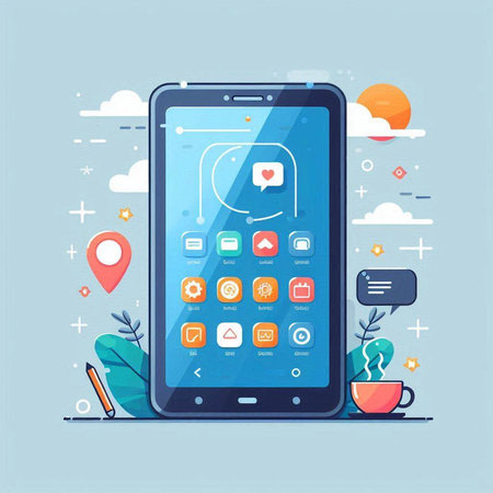 Smartphone with application icons. Modern flat design. Vector illustration.のイラスト素材