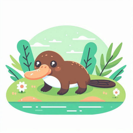 Cute cartoon platypus in the jungle. Vector illustration.のイラスト素材